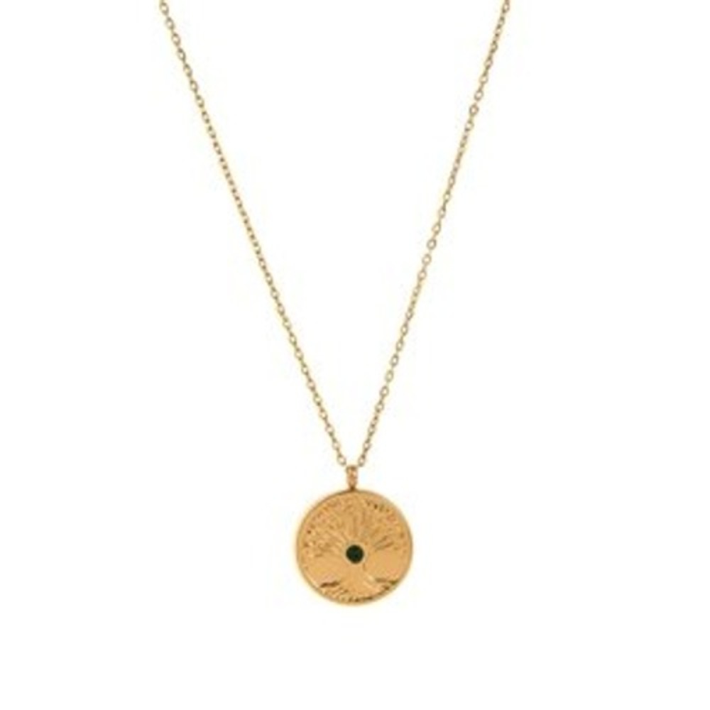 Gold Tree of Life Coin Pendant Necklace Stainless Steel Green Zircon 60cm+5cm